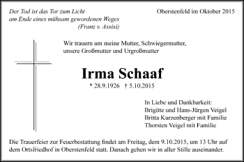 Todesanzeige von Irma Schaaf von Trauer.de