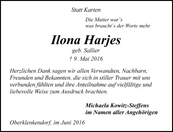 Todesanzeige von Ilona Harjes von Trauer.de