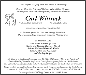 Todesanzeige von Carl Wittrock von Trauer.de