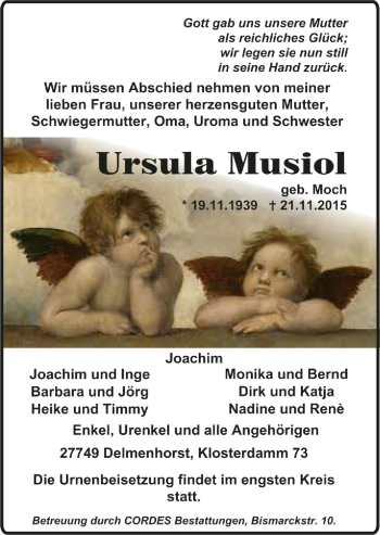 Todesanzeige von Ursula Musiol von Trauer.de