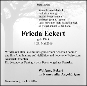 Todesanzeige von Frieda Eckert von Trauer.de