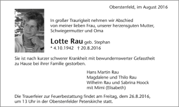 Todesanzeige von Lotte Rau von Trauer.de