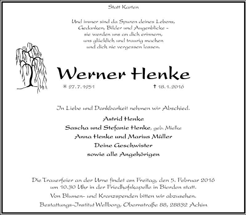  Traueranzeige für Werner Henke vom 30.01.2016 aus Trauer.de