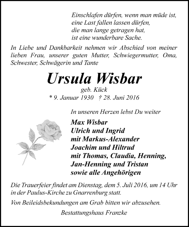  Traueranzeige für Ursula Wisbar vom 30.06.2016 aus Trauer.de
