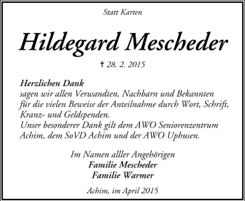 Todesanzeige von Hildegard Mescheder von Trauer.de