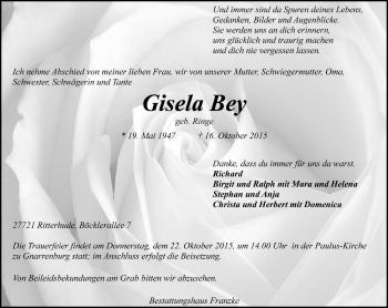 Todesanzeige von Gisela Bey von Trauer.de