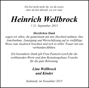 Todesanzeige von Heinrich (Heinz) Wellbrock von Trauer.de
