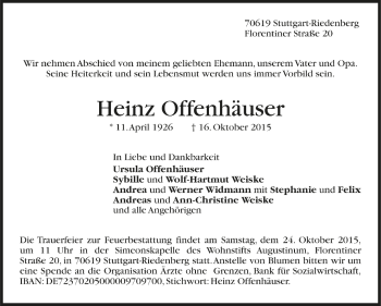 Todesanzeige von Heinz Offenhäuser von t