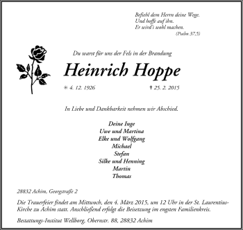 Todesanzeige von Heinrich Hoppe von Trauer.de
