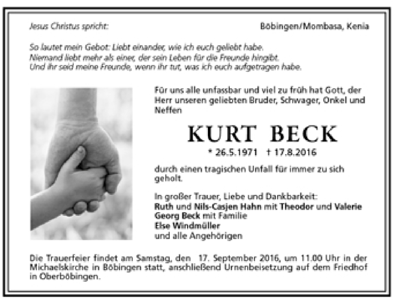  Traueranzeige für Kurt Beck vom 03.09.2016 aus Trauer.de