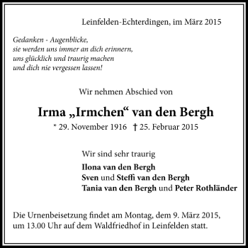 Todesanzeige von Irma van den Bergh von Trauer.de