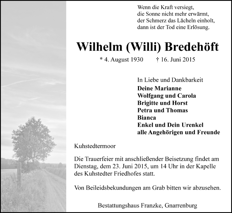  Traueranzeige für Wilhelm Bredehöft vom 17.06.2015 aus Trauer.de