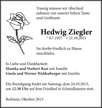 Todesanzeige von Hedwig Ziegler von Trauer.de
