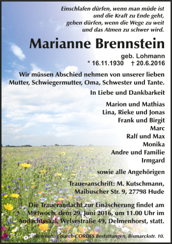Todesanzeige von Marianne Brennstein von Trauer.de