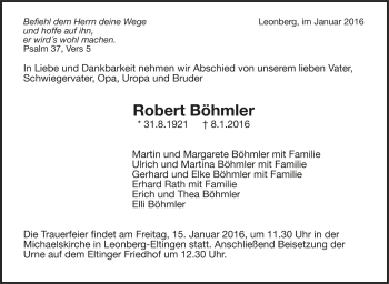 Todesanzeige von Robert Böhmler von Trauer.de