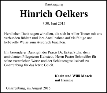Todesanzeige von Hinrich Oelkers von Trauer.de