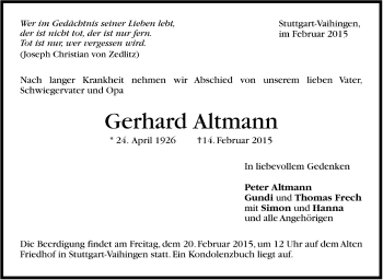 Todesanzeige von Gerhard Altmann von Trauer.de