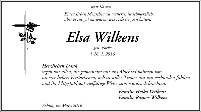  Traueranzeige für Elsa Wilkens vom 12.03.2016 aus Trauer.de