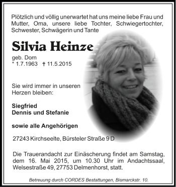 Todesanzeige von Silvia Heinze von Trauer.de