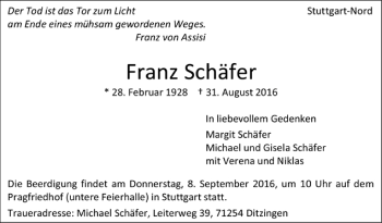 Todesanzeige von Franz Schäfer von Trauer.de