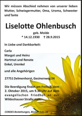 Todesanzeige von Liselotte Ohlenbusch von Trauer.de