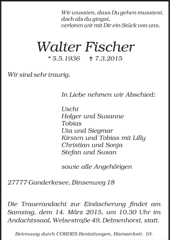 Todesanzeige von Walter Fischer von Trauer.de