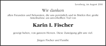 Todesanzeige von Karin I. Fischer von Trauer.de