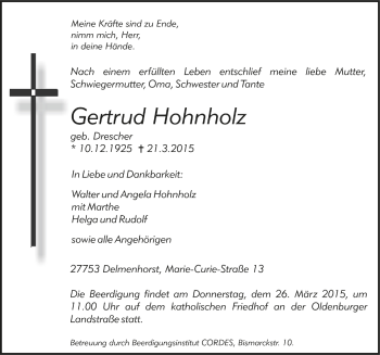 Todesanzeige von Gertrud Hohnholz von Trauer.de