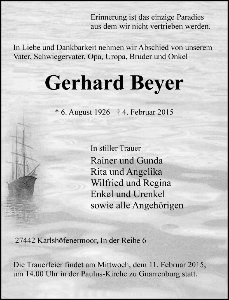  Traueranzeige für Gerhard Beyer vom 07.02.2015 aus Trauer.de