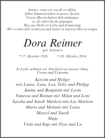 Todesanzeige von Dora Reimer von Trauer.de