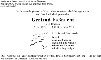 Todesanzeige von Gertrud Faßnacht von Trauer.de