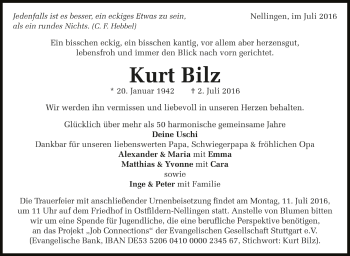 Todesanzeige von Kurt Bilz von Trauer.de