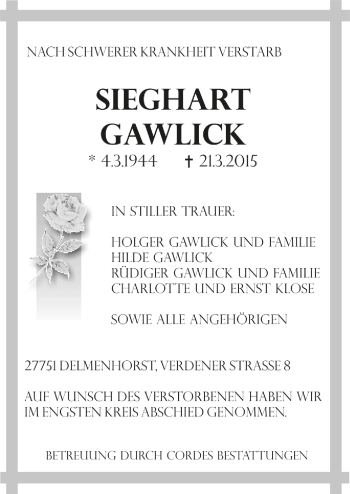 Todesanzeige von Sieghart Gawlick von Trauer.de