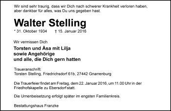 Todesanzeige von Walter Stelling von Trauer.de