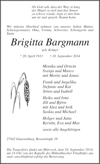Todesanzeige von Brigitta Bargmann von Trauer.de