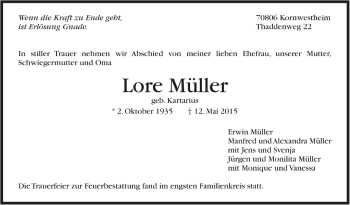 Todesanzeige von Lore Müller von Trauer.de