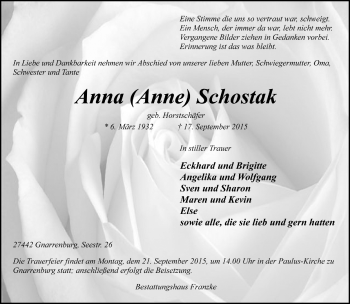 Todesanzeige von Anna (Anne) Schostak von Trauer.de