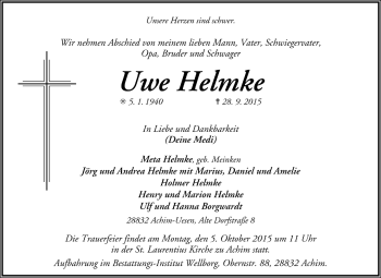 Todesanzeige von Uwe Helmke von Trauer.de