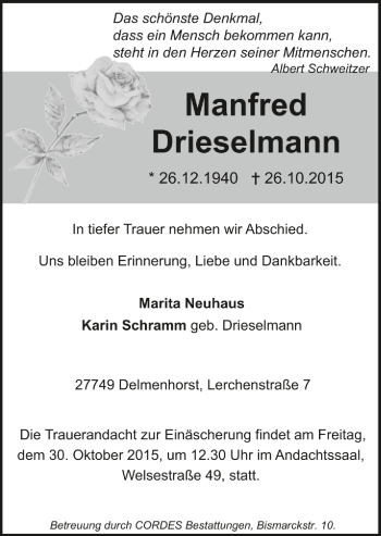 Todesanzeige von Manfred Drieselmann von Trauer.de