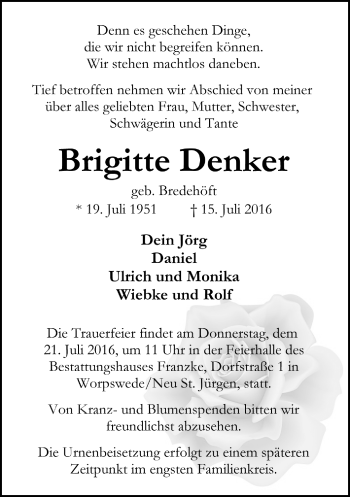 Todesanzeige von Brigitte Denker von Trauer.de