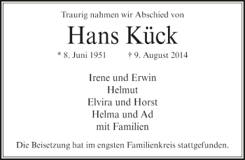 Todesanzeige von Hans Kück von Trauer.de
