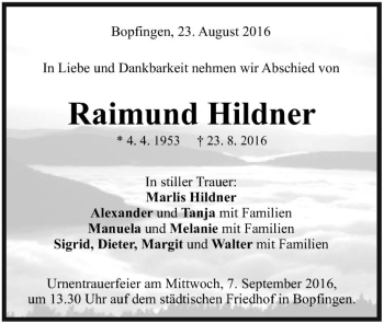 Todesanzeige von Raimund Hildner von Trauer.de