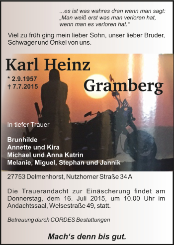 Todesanzeige von Karl Heinz Gramberg von Trauer.de