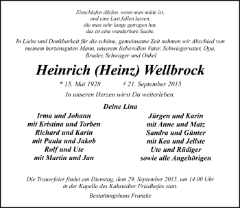 Todesanzeige von Heinrich (Heinz) Wellbrock von Trauer.de