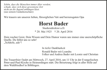 Todesanzeige von Horst Bader von Trauer.de