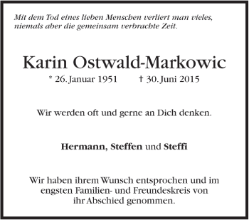 Todesanzeige von Karin Ostwald-Markowic von Trauer.de