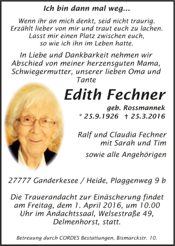 Todesanzeige von Edith Fechner von Trauer.de
