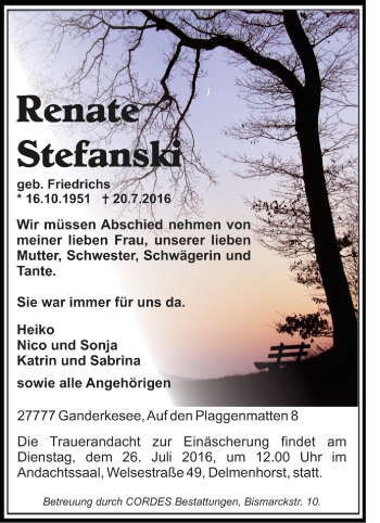 Todesanzeige von Renate Stefanski von Trauer.de