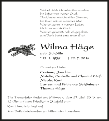 Todesanzeige von Wilma Häge von Trauer.de