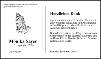 Todesanzeige von Monika Sayer von Trauer.de